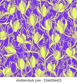 Floral vector background. Hand drawn flowers. Painted magnolia blossom seamless pattern, branches, flowers, leaves and buds. Modern fashion fabric print.
