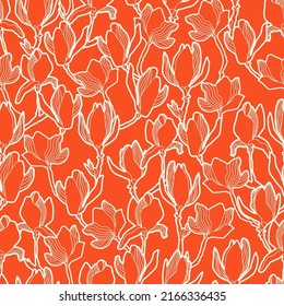 Floral vector background. Hand drawn flowers. Painted magnolia blossom seamless pattern, branches, flowers, leaves and buds. Modern fashion fabric print.