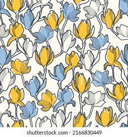 Bloraler Vektorhintergrund. Handgezeichnete Blumen. Malte Magnolienblüte nahtlose Muster, Äste, Blumen, Blätter und Knospen. Moderner ModeStoffdruck.