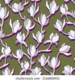 Floral vector background. Hand drawn flowers. Painted magnolia blossom seamless pattern, branches, flowers, leaves and buds. Modern fashion fabric print.