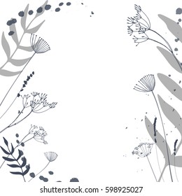 Floral vector background with hand drawn  wild flowers, herbs and grasses.Thin delicate lines silhouettes of  shepherds purse, lavender and other plants in pastel colors on beige background 