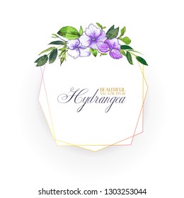 Floral vector background with hydrangea for wedding invitation, greeting template in violet and lilac colors. Geometric frame with beautiful flowers, composition of hydrangea and leaves.