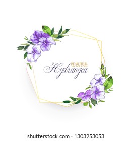 Floral vector background with hydrangea for wedding invitation, greeting template in violet and lilac colors. Geometric frame with beautiful flowers, composition of hydrangea and leaves.