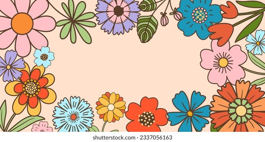Floral vector background, invitation and greeting card template in groovy retro style, hand drawn retro wildflowers