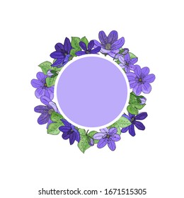 Floral vector background isolated on white background. Round composition. Spring flowers are painted by hand. Template for invitation card. Botanical vector elements with place for text.