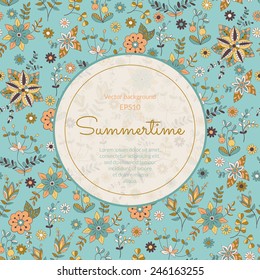 Floral vector background with label. Greeting card with summer elements, place your text inside the label