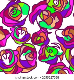 Floral vector background. Large flowers. Line drawing. Botanical seamless pattern made of cartoon roses, flower buds. Summer motif. Outline contour drawing. Stained glass style. Sketch design.