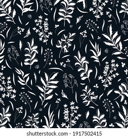 Floral vector background with leaves, plants for greeting card. Abstract natural elements. Silhouette of plant. Print for holiday poster, backdrop, cover, banner, invitation. Trendy design.
