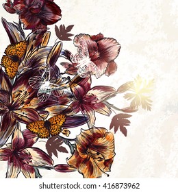 Floral vector background with lily  flowers and butterflies in watercolor style