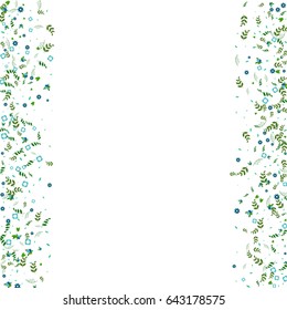 Floral vector background made of little cute flowers, leaves, branches on white background. Light simple natural random confetti print. Banners, poster, cards, scrapbooking, wedding, complimentary.