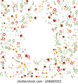 Floral vector background made of little cute flowers, leaves, branches on white background. Light simple natural random circular confetti print. Summer wreath. Banners, poster, cards, scrapbooking
