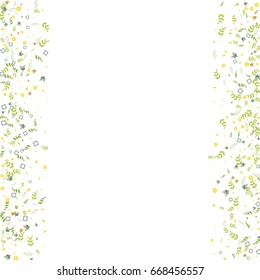 Floral vector background made of little cute flowers, leaves, branches on white background. Light simple natural random confetti print. Banners, poster, cards, scrapbooking, wedding, complimentary.