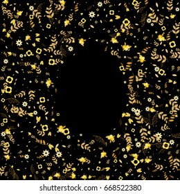 Floral vector background made of little cute flowers, leaves, branches on white background. Light simple natural random circular confetti print. Summer wreath. Banners, poster, cards, scrapbooking