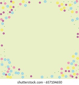 Floral vector background made from small cute flowers, leaves, on a green background. Easy simple natural random confetti. Banners, posters, postcards, children's holiday.