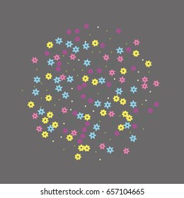 Floral vector background made from small cute flowers, leaves, on a gray background. Easy simple natural random confetti. Banners, posters, postcards, children's holiday.
