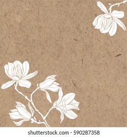 Floral vector background with magnolia. White silhouettes of flowers on kraft paper. Invitation or greeting card.