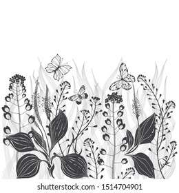 Floral vector background with meadow wildherbs and  place for text on  white. Invitation, greeting card or an element for your design.