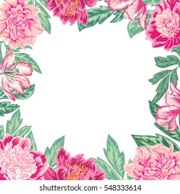 Floral vector background with peonies and tulips in red and pink colors. Wedding invitation. Greeting card.