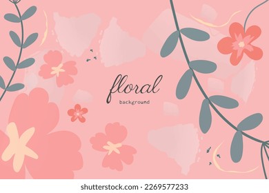 Floral vector background in pink colors. Cute wallpaper design with delicate flowers,twigs, leaves and spots. Minimalistic, spring botanical illustration suitable for fabric, prints, cover art.