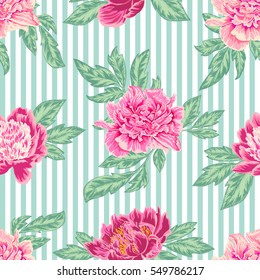  Floral vector background with  in pink  and green colors. Seamless pattern on a striped background.