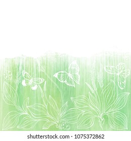 Floral vector background with plantain, insects and space for text on a green watercolor background. Invitation, greeting card or an element for your design.