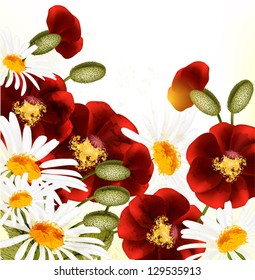 Floral vector background with poppy flowers and chamomiles