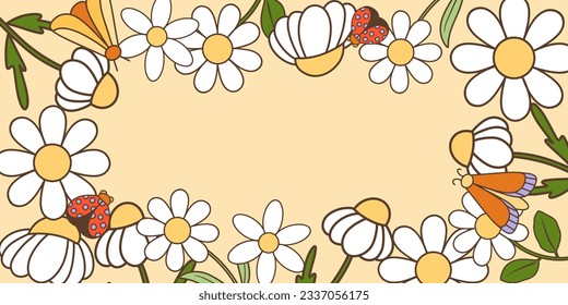 Floral vector background with retro daisy flowers, invitation and greeting card template in groovy retro style, hand drawn retro flowers