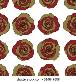 Floral vector background. Seamless pattern with green and red roses. Vintage pattern with indian batik style rose flowers.