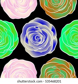 Floral vector background. Seamless pattern with neutral, orange and green roses. Vintage pattern with indian batik style rose flowers.