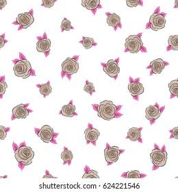 Floral vector background. Seamless pattern with magenta and beige roses. Vintage pattern with indian batik style rose flowers.