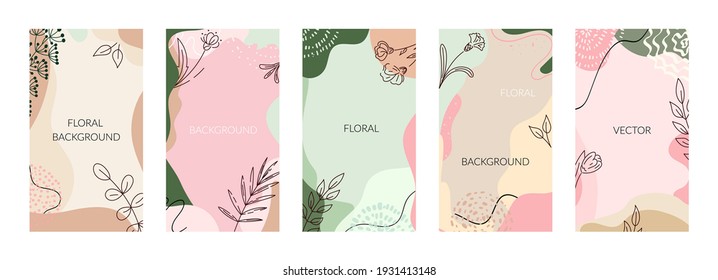 Floral vector background set with copy space for text. Creative stories trendy contemporary design for print, banner, brochure, social media post and collage vector illustration isolated on white