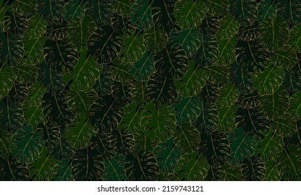 Floral vector background of stylized monstera leaves with gold outline. Luxury natural background