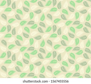 Floral Vector Background. Tropical Palm Leaf Wallpaper. Seamless Vector Pattern. Light Beige, Green Colors, Old Fashion, Retro, Vintage Paper. Gift Wrapping. 