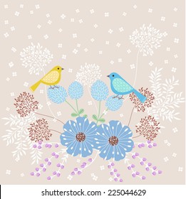 Floral vector background with two birds