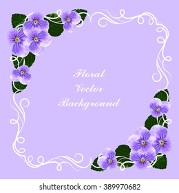 Floral vector background with vintage frame and violet flowers for use in your design. Vector illustration.