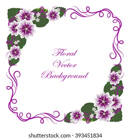 Floral vector background with vintage frame and mallow flowers for use in your design. Vector illustration.