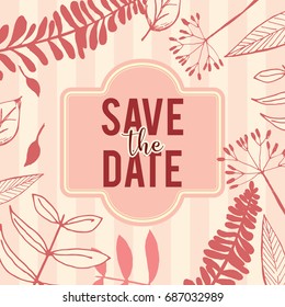Floral vector background. Vintage invitation with various leaves. Botanical illustration. Fern, seeded eucalyptus, maidenhair. Engraving style. Design elements.