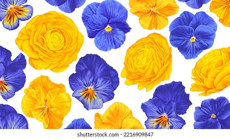 Floral vector background in yellow and blue tones. Realistic plants, drawn by hand. Violas, pansies, buttercups on white background. Botanical background for wallpaper on your computer, tablet, covers