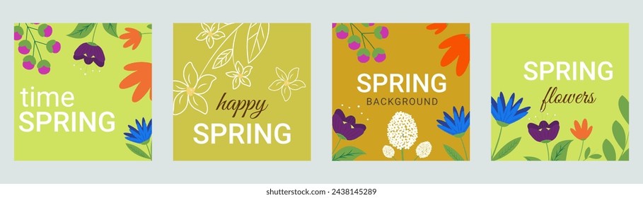 Floral vector backgrounds with bright flowers and leaves.Abstract forms. Suitable for postcard, banner, invitation, social media post, poster, advertisement, packaging