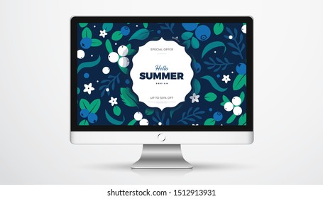 Floral vector banner. Flowers, leaves and berries retro background, cute vintage colors template