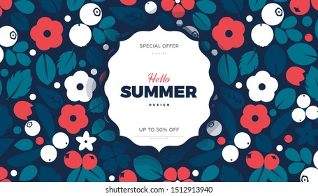 Floral vector banner. Flowers, leaves and berries retro background, cute vintage colors template