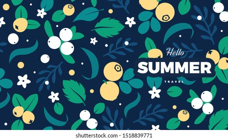 Floral vector banner. Flowers, leaves and berries retro background, cute vintage colors template