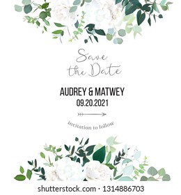 Floral vector banner frame with white rose, hydrangea, eucalyptus, emerald and mint greenery, green plants. Half moon shape bouquets. Wedding modern design card. All elements are isolated and editable