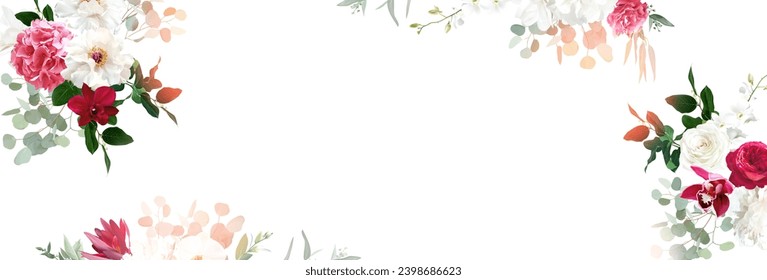 Floral vector banner. Hand painted plants, flowers, leaves on white background. Greenery botanical wedding invitation. Watercolor style. Natural card design. All elements are isolated and editable.