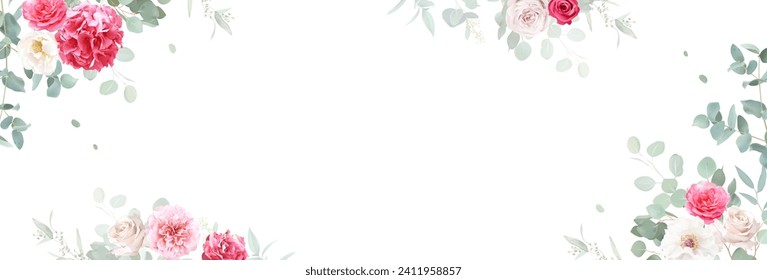 Floral vector banner. Hand painted plants, flowers, leaves on white background. Greenery botanical wedding invitation. Watercolor style. Natural card design. All elements are isolated and editable.