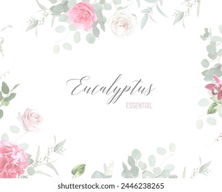 Floral vector banner. Hand painted plants, flowers, leaves on white background. Greenery botanical wedding invitation. Watercolor style. Natural card design. All elements are isolated and editable.