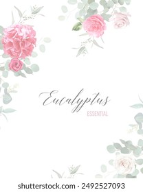 Floral vector banner. Hand painted plants, flowers, leaves on white background. Greenery botanical wedding invitation. Watercolor style. Natural card design. All elements are isolated and editable.
