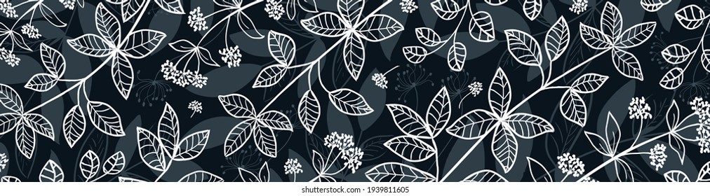 Floral vector banner with leaves, plants. Abstract natural elements in doodle style. Silhouette of plants. Print for holiday background, wallpaper. Minimalistic, trendy design.