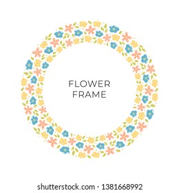 Floral vector banner template. Text in circle frame of cartoon pink, yellow, blue flowers and leaves on white background. Flat botanical illustration for pring and summer background, wallpaper, card.