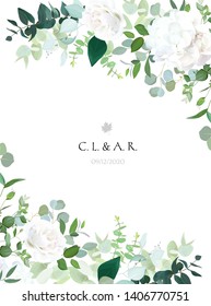 Floral vector banner vertical invitation frame with white rose, hydrangea, eucalyptus, emerald and mint greenery, green plants. Wedding design minimalist card. All elements are isolated and editable